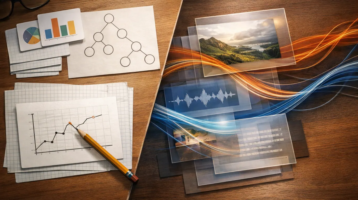 Desk split between structured spreadsheet cards and layered neural network panels to compare machine learning and deep learning workflows