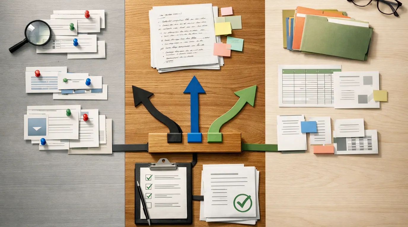 Decision desk with three AI workflow lanes for sourced research, drafting, and Google workspace files