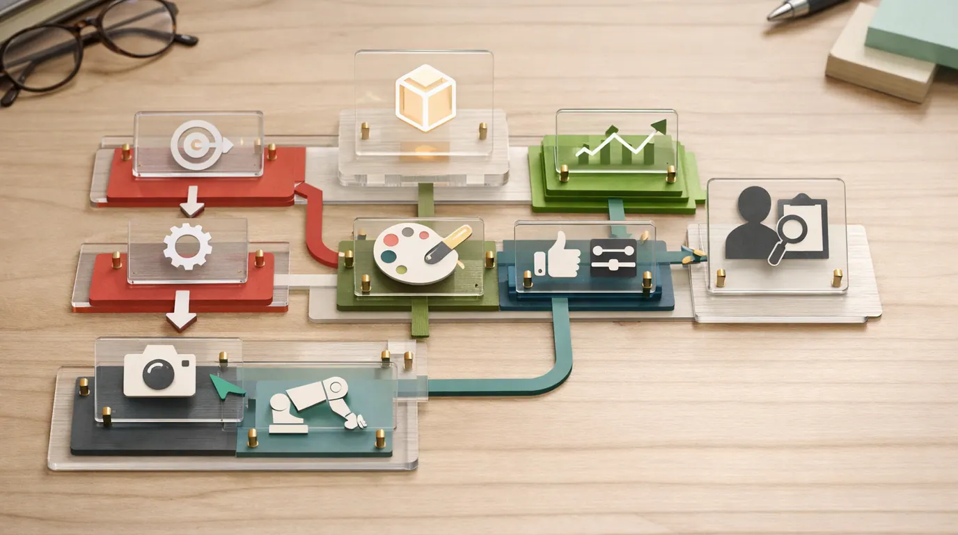 Layered AI taxonomy map with modular systems, decision paths, and human review checkpoints